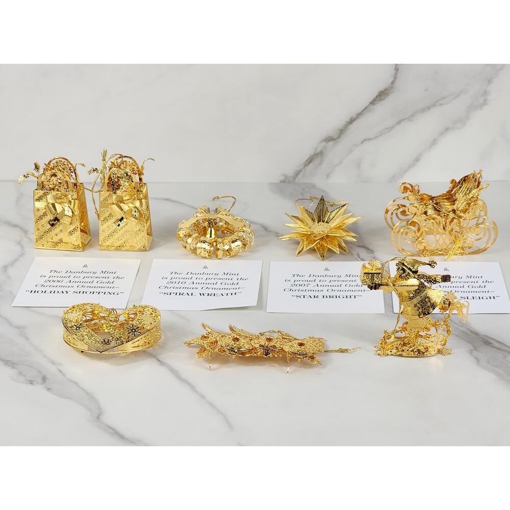 Danbury Mint Annual Gold Christmas Tree Ornament Star Bright Sleigh Wreath x8